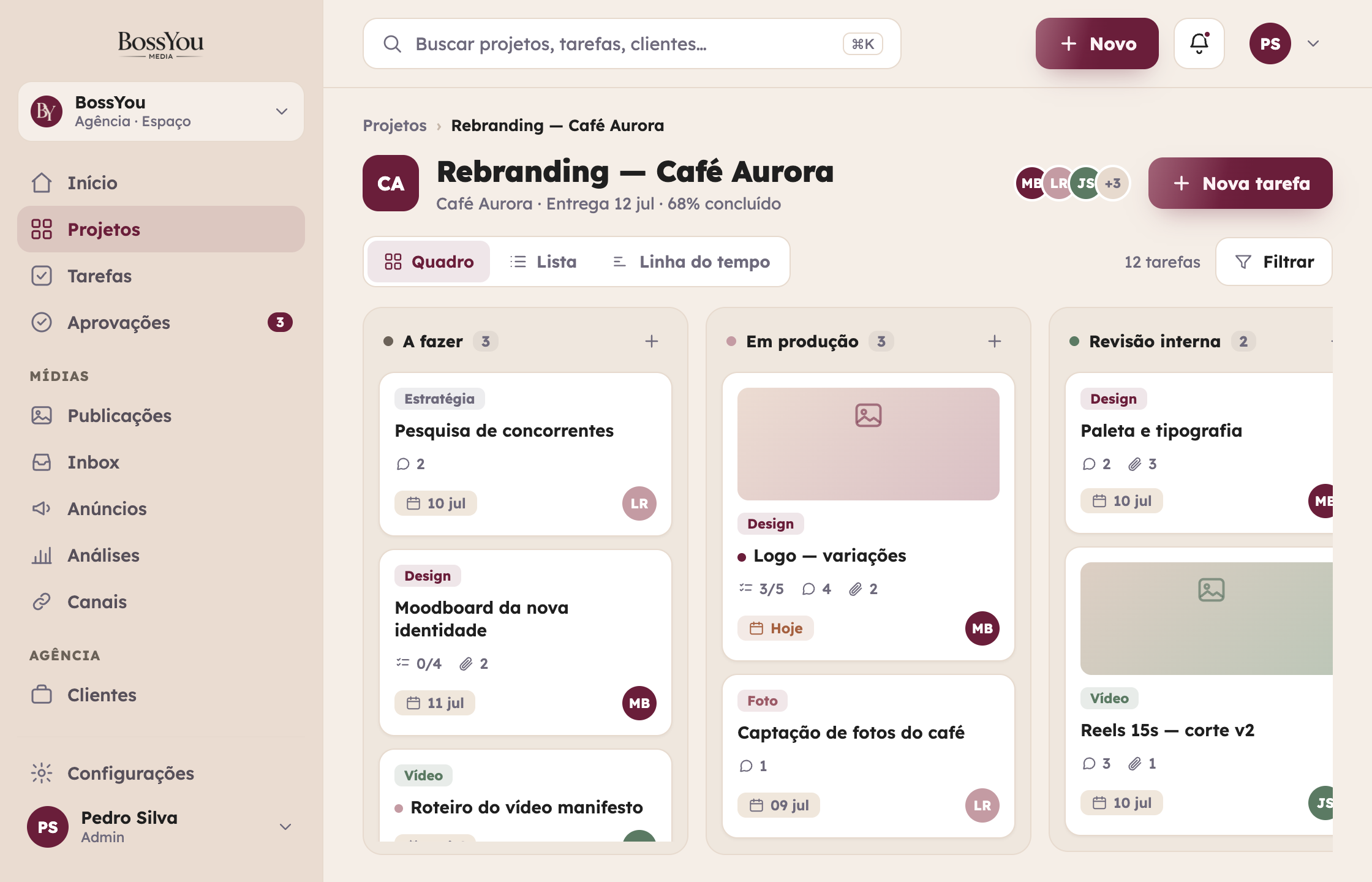 Quadro Kanban de um projeto da BossYou com colunas A fazer, Em produção, Revisão interna e Aprovação do cliente.