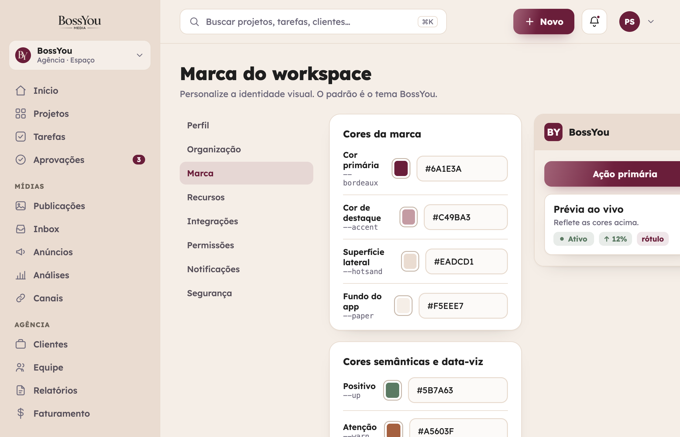 Editor de marca da BossYou com seleção de cores, logo e tipografia do workspace.